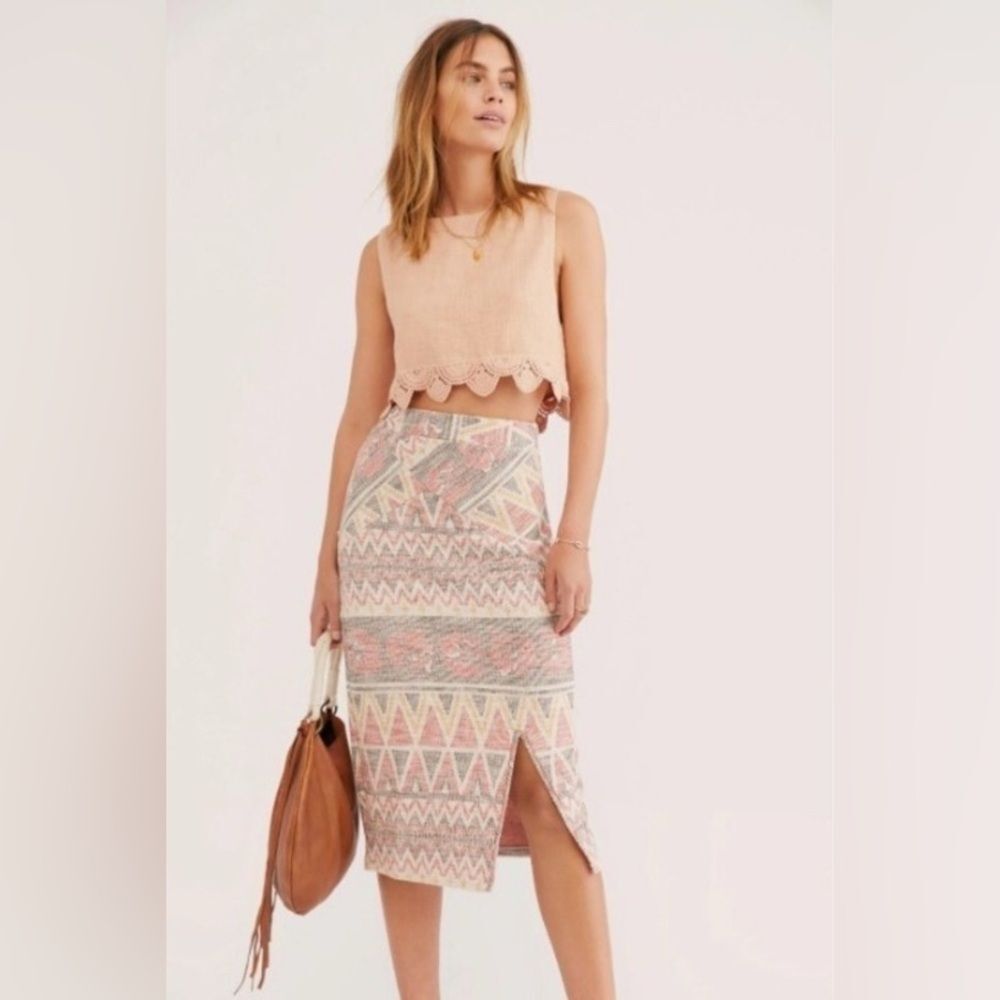 Free People Mendocino Woven Pencil Midi Skirt Southwestern front Slit size small